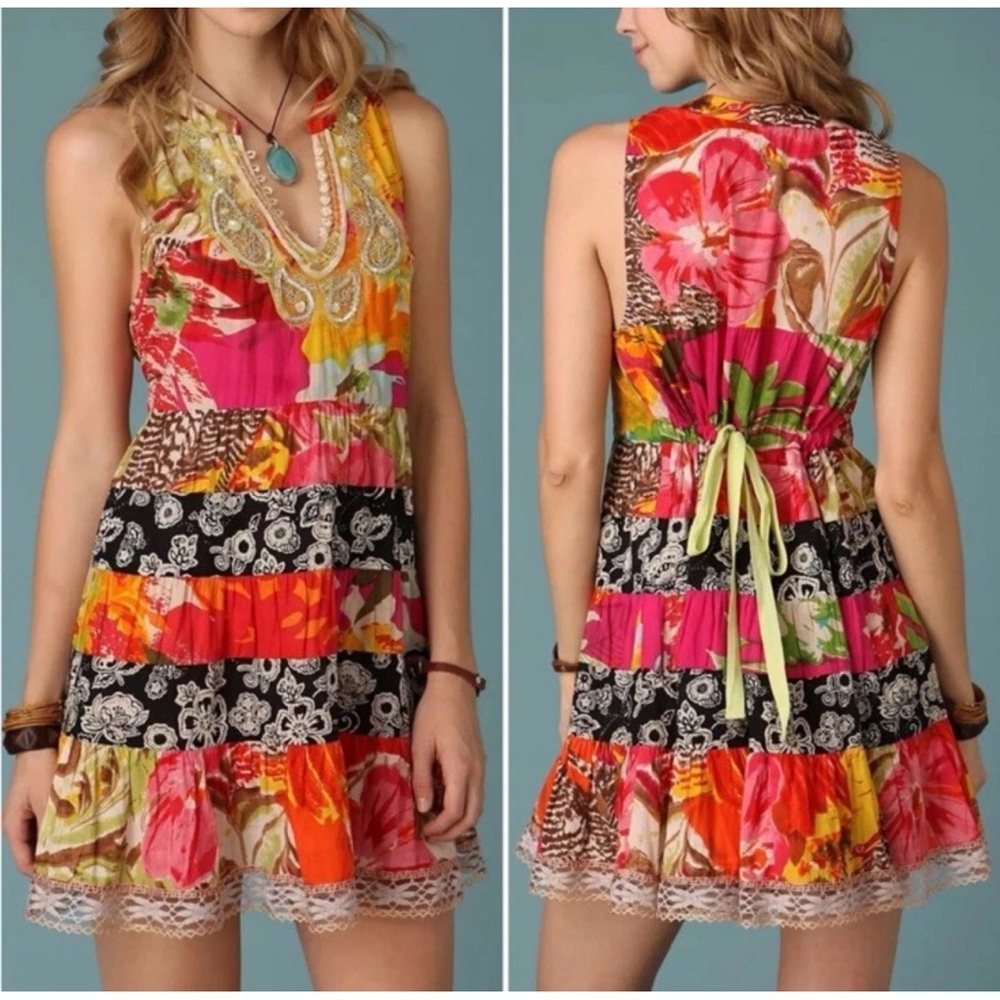 Free People Pink Patchwork Embellished Mini Dress Women’s Medium